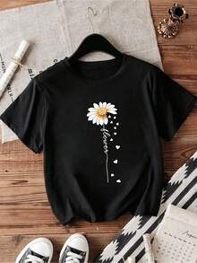 Women's Unique Daisy Print Short Sleeve T-Shirt, Suitable For Casual Wear In Spring And Summer, Available In Plus Size Black - Black - View 1