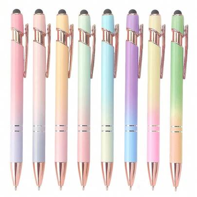 A 8-Pack 2-In-1 Retractable Ballpoint Pens With Stylus Tips, Metal Stylus, 1.0mm Black Ink, Suitable For Office And School Supplies