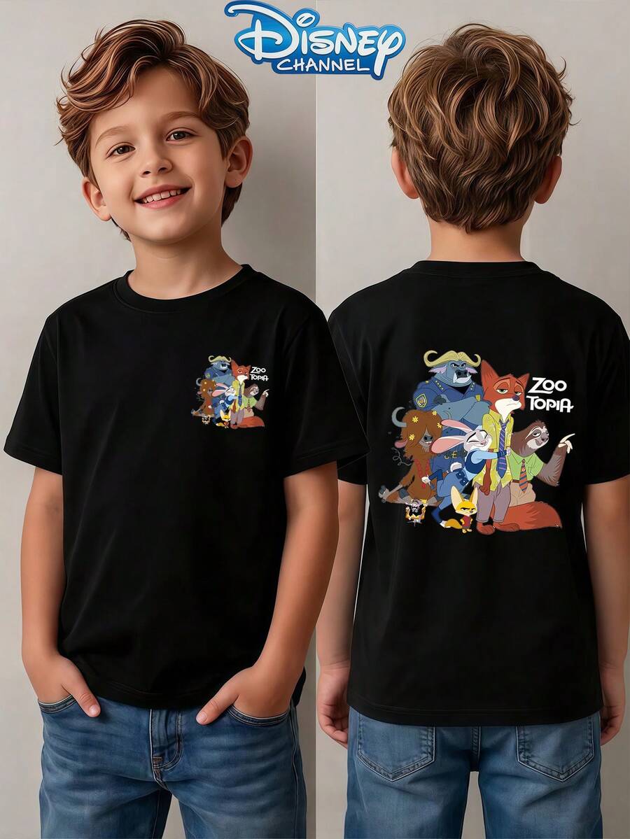 Disney 1pc Teen Boys Casual Zootopia Character Group Print Short Sleeve Tshirt Boys Clothes Kids Clothes Boys Boys Shirts Summer - màu đen - Xem 1