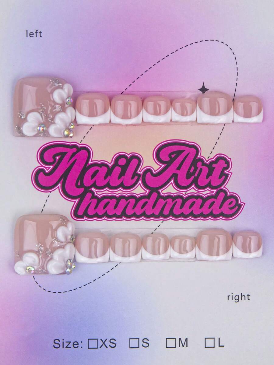 14pcs/Set Handmade Y2K Baddie Style Nail Stickers, Nude & White French Tip Nail Wraps With Rhinestones & Floral Designs, Suitable For Parties, Weddings, Daily Wear, Includes Accessories, Great Gift For Women & Girls - White - View 1