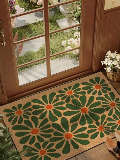1pc Irregular Green Flower Welcome Pattern Doormat, Funny Minimalist Style Short Plush Quick-Dry Non-Slip Washable Entrance Floor Mat, Home Decor, Soft Furnishing, Suitable For Kitchen, Bathroom, Dining Room, Entryway, Party, Gathering, All Seasons, Yard Decoration