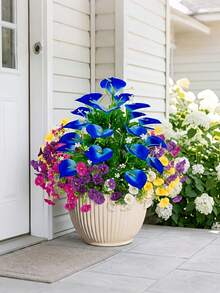 5 ramos de lirio de cala azul artificial, flores de campanilla de colores mixtos, estilo granja americana - resistente a los rayos UV, arbusto de floración de primavera de plástico, no se desvanece - adecuado para decoración del hogar, porche, alféizar de la ventana, maceta, jardín del hogar, decoración de patio, decoración interior/exterior, decoración de primavera/verano - Multicolor - Ver 8