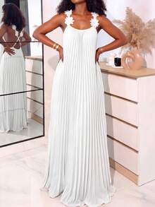 女士优雅吊带3D立体花卉装饰褶皱吊带连衣裙，派对鸡尾酒会礼服，夏日连衣裙，沙滩度假装 - 白色 - 查看 2