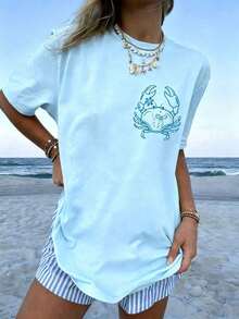 2026 Tropical Vacation OutfitsIf Crabby Please Return To The Beach Double Sided Crab Graphic Tee, Coastal Aesthetic Graphic Tees Women, Summer Fits F - 淺藍色 - 查看 3