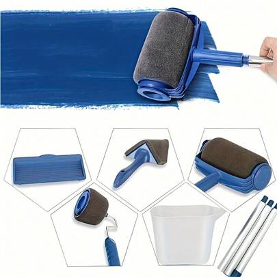 Ensemble de rouleau à peinture avec manche - Relooking rapide et facile de la pièce, comprend un plateau anti-fuite, 2 outils de bordure de précision, 3 manches bleus, un rouleau et un plateau - Parfait pour une peinture murale lisse, kit d'outils de peinture murale