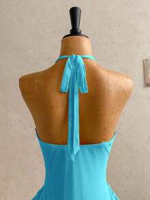 Vestido mini casual de vacaciones para mujer con escote en V profundo, cuello halter con lazo, y drapeado.Adecuado para la playa, cruceros y festivales de música en verano - verde menta - Ver 6