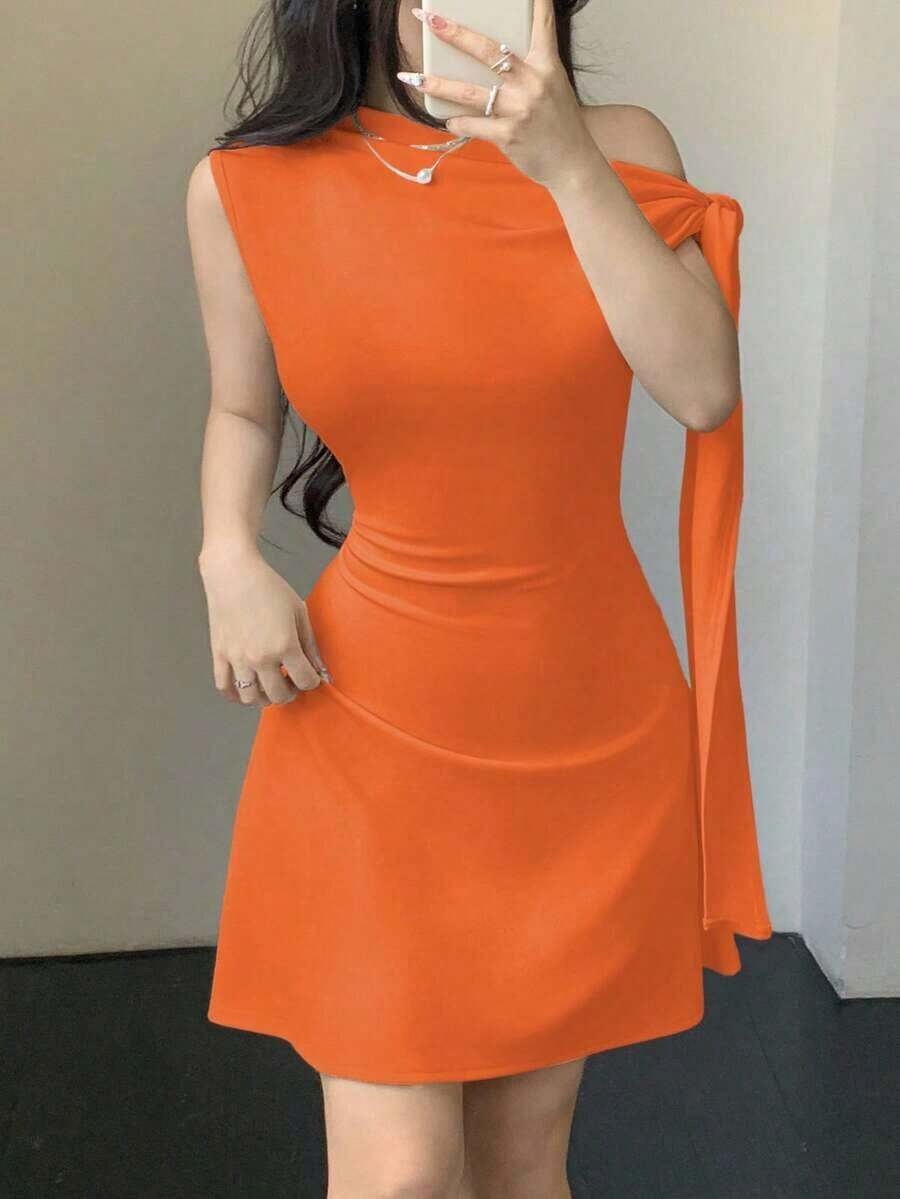Vestido minimalista para mujer con estampado floral de tinta, hombro asimétrico con lazo, cintura ajustada - Naranja - Ver 1
