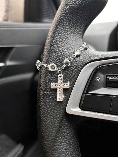1pc Sparkling Crystal Cross Steering Wheel Charm, Car Pendant, Vintage Crystal Car Hanging Decor, Compact Craftsmanship, Unique Fashion Car Accessory, Birthday/Holiday Gift