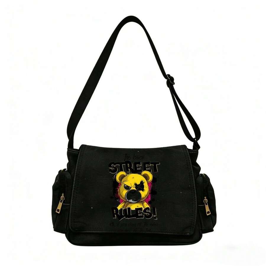 街头规则熊印花斜挎包，大容量黑色帆布单肩包，适合街头爱好者和日常通勤。 - 彩色 - 查看 1