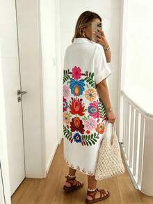 Summer White Floral Print Batwing Sleeve Short Sleeve Maxi Casual Beach Vacation Loose Dress For Women Elegant - White - View 3