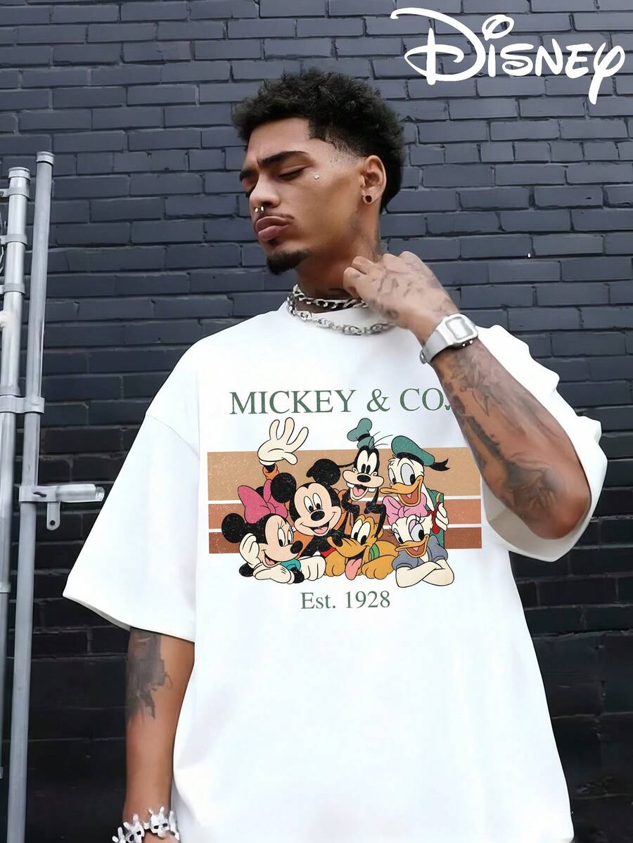 Disney Authorized Mickey Mouse Cartoon Pattern And Mickey Letter Print, Men's Black Pure Cotton Short Sleeved T-Shirt, Breathable White Short Sleeved T-Shirt, Suitable For Summer Wear, Neutral, Regular Round Neck Casual Style, Washable, Comfortable And Loose. - White - View 1