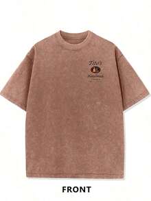 NUDEA 1pc Valentine's Day, Tito's Handmade Vodka Print Washed Oversized Graphic Tee, Retro, Casual, Suitable For Date Night Women Outfit, Going Out Tops Women, Party Outfits - 卡其色 - 查看 2