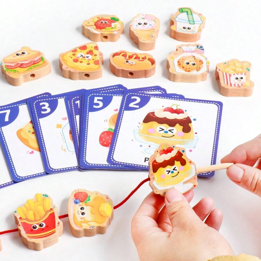Hölzernes Obst- und Gemüse-Schnürsystem - Lernspielzeug zum Zuordnen und Aufziehen von Lebensmitteln - fördert Feinmotorik und Konzentration für Kinder ab 2 Jahren - Ideales Geburtstags- und Kindergeschenk für Jungen und Mädchen