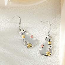 Cute & Fashionable Flower Pout Cat Pendant Earrings, Handmade Copper Animal Earrings, Versatile Accessories For Women Travel & Holiday - Silver - View 4