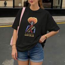 Camiseta Negra con Estampado de Calavera Zapata para Mujer Casual - Negro - Ver 3