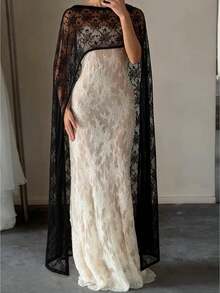 Women's Lace Long Poncho Fashionable Elegant Lightweight Solid Color Shawl Wrap for Evening Party - Negro - Ver 1