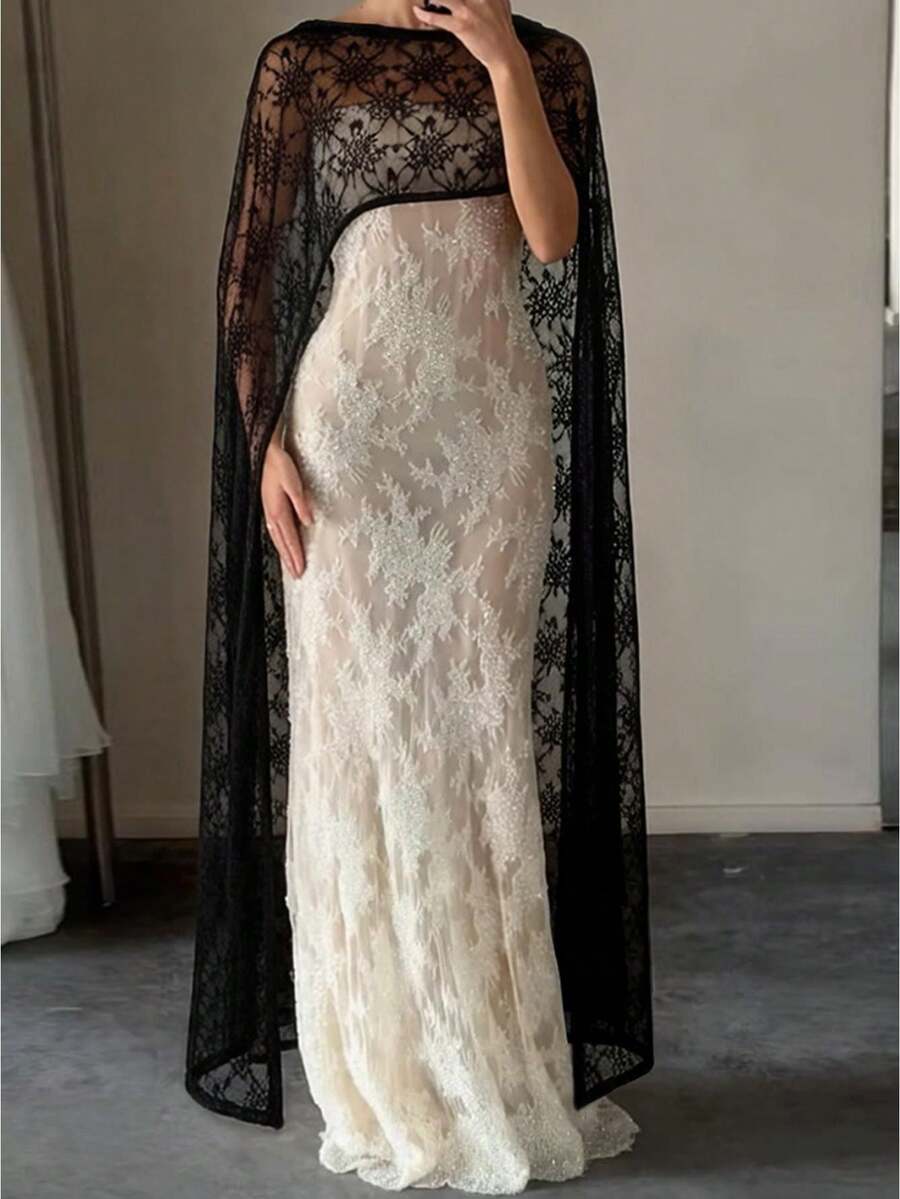 Women's Lace Long Poncho Fashionable Elegant Lightweight Solid Color Shawl Wrap for Evening Party - Negro - Ver 1