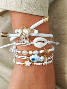 5pcs/Set Cute Cartoon Octopus, Shell, Ceramic Fish Stretch Bracelets, Suitable For Women Daily, Vacation, Shopping Outfit - White - View 3