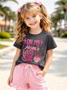 Young Girls' Creative Letter Slogan & Skeleton Hand Print Short Sleeve T-Shirt - Dark Grey - View 1