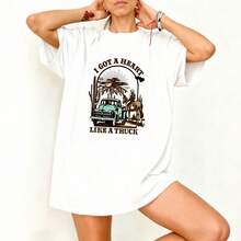 Camiseta Oversize Blanca Con Impresion De Camion Y Caballo  Para Verano - Blanco - Ver 3
