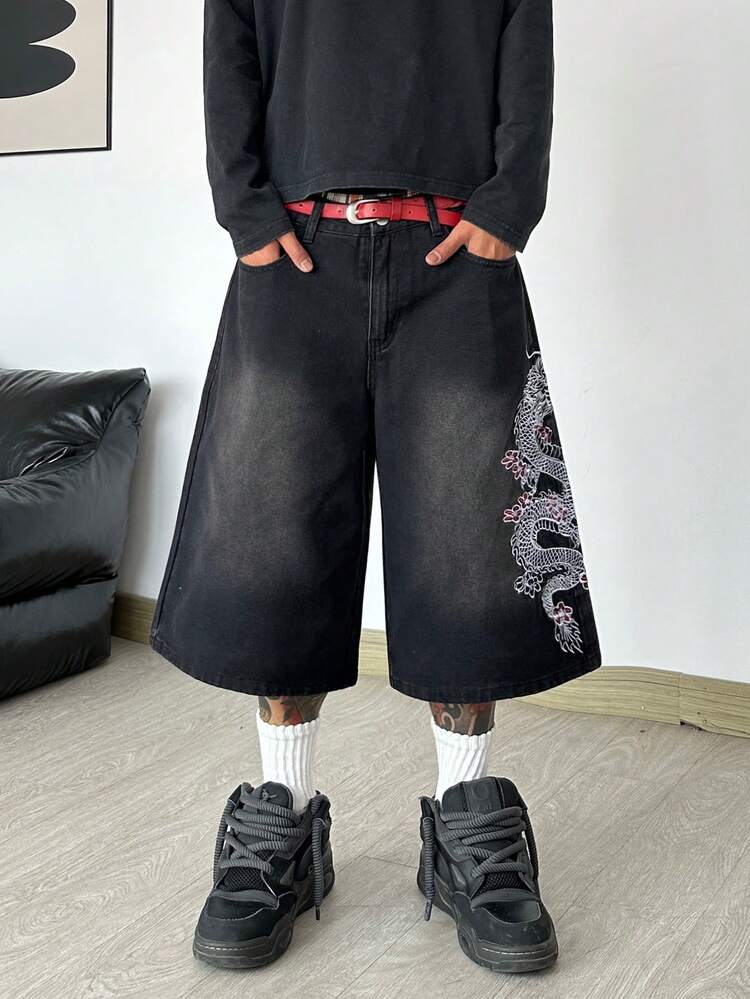 Hearty Haven 1件裝美式街頭風刺繡舒適寬鬆牛仔短褲 中長款休閒寬腿褲 男款，街頭穿搭學院風 - 不含腰帶與配件 - 黑色 - 查看 5