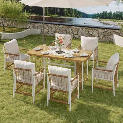 Modern Outdoor Set, Leisure And Meeting Set For Several People, Iron Frame, Woven Armrests, Including Seat Cushions