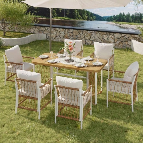 Modern Outdoor Set, Leisure And Meeting Set For Several People, Iron Frame, Woven Armrests, Including Seat Cushions - 米色,棕色,自然色 - 查看 1