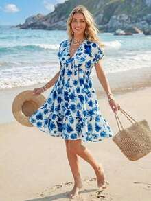 Vestido corto casual de vacaciones románticas de playa rosa para mujer en verano - Multicolor 8 - Ver 1