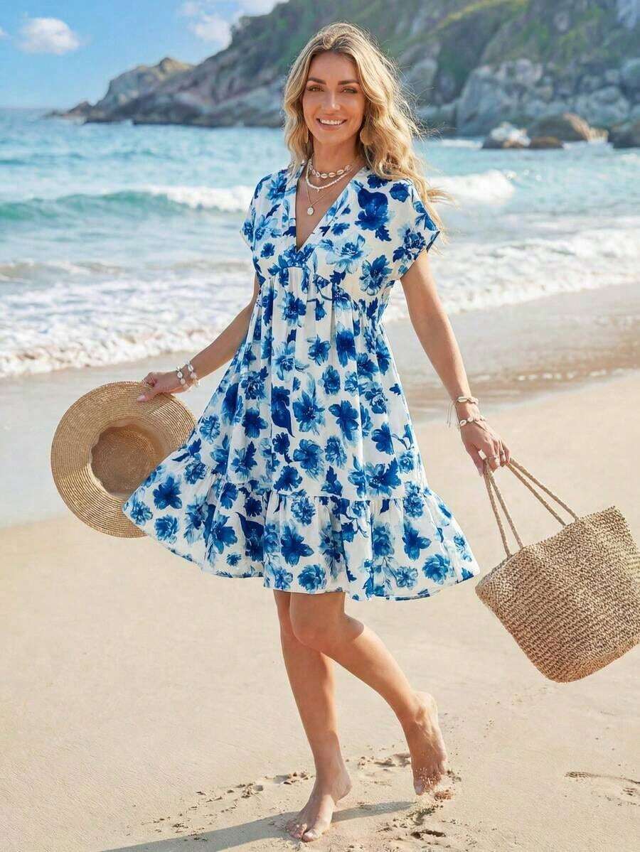 Vestido corto casual de vacaciones románticas de playa rosa para mujer en verano - Multicolor 8 - Ver 1