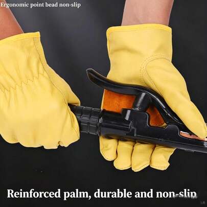 Guantes de trabajo de cuero para hombres y mujeres, guantes de jardinería reforzados, guantes de trabajo de cuero de vaca, guantes resistentes a pinchazos y cortes con palmas reforzadas - Ideales para construcción, agricultura y ganadería - Ajuste ergonómico, talla única que se adapta a la mayoría