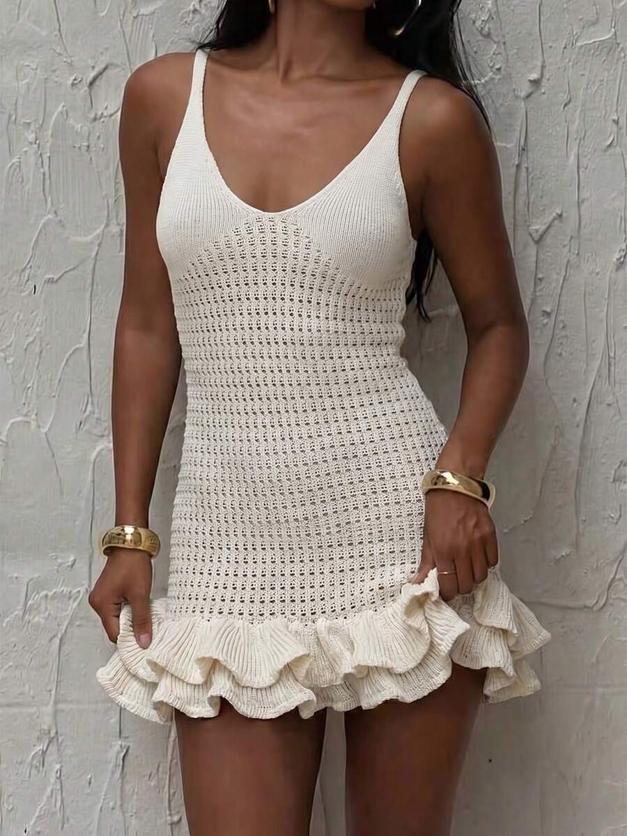 Vestido de punto blanco elegante y calado para mujer, vestido mini con escote en V sin mangas y volantes en el bajo, adecuado para la playa, fiestas y uso diario en primavera - blanquecino - Ver 1