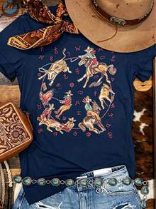 Western-Style Country Shirt Denim T-Shirt, Vintage Graphic T-Shirt, Comfortable Shirt, Cotton T-Shirt With Retro Print Pattern, Short Round-Neck Inspired Shirt For Girls, Cute Aesthetic Y2K Style Summer Top, Suitable For Outdoor, Home, Work, Or Street Casual Wear - Vacation Outfits Women - 藏蓝色 - 查看 1