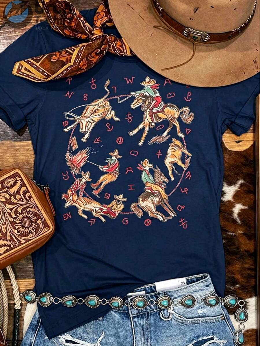 Western-Style Country Shirt Denim T-Shirt, Vintage Graphic T-Shirt, Comfortable Shirt, Cotton T-Shirt With Retro Print Pattern, Short Round-Neck Inspired Shirt For Girls, Cute Aesthetic Y2K Style Summer Top, Suitable For Outdoor, Home, Work, Or Street Casual Wear - Vacation Outfits Women - 藏蓝色 - 查看 1