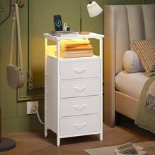 4 Drawers Night Stand With Charging Station, LED Nightstand With U-S-B Ports And Outlets, 4 Fabric Storage Drawers With PU Finish, Bedside Table, Black/White - Xem 6