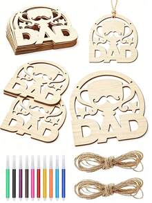 32pcs Wooden Father's Day Trophy Craft Set, Includes 10 Wooden Pieces, 10 Ropes, 12 Colored Pens, DIY Painting & Doodle Handmade Craft, Father's Day Gift, Wooden Pendant Decor, Holiday, Wedding, Home Party, Garden Decoration, Festive Souvenir - Father's Day Wooden Pendant - View 1
