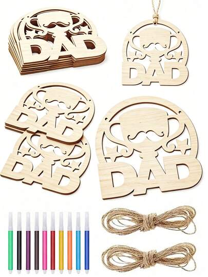 32pcs Wooden Father's Day Trophy Craft Set, Includes 10 Wooden Pieces, 10 Ropes, 12 Colored Pens, DIY Painting & Doodle Handmade Craft, Father's Day Gift, Wooden Pendant Decor, Holiday, Wedding, Home Party, Garden Decoration, Festive Souvenir