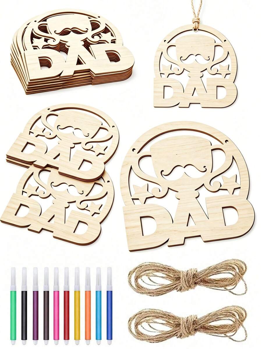 32pcs Wooden Father's Day Trophy Craft Set, Includes 10 Wooden Pieces, 10 Ropes, 12 Colored Pens, DIY Painting & Doodle Handmade Craft, Father's Day Gift, Wooden Pendant Decor, Holiday, Wedding, Home Party, Garden Decoration, Festive Souvenir - Father's Day Wooden Pendant - View 1