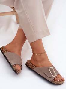 Elegant And Comfortable Women's Suede Slippers Made Of Natural Leather, On A Cork Sole, With A Gold Buckle And Contoured Insole, Ideal For Summer Black Beige Green - Khaki - View 7