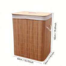 Cesta de lavandería de bambú con tapa y asa, diseño clásico, cesta de almacenamiento plegable de gran capacidad, forma rectangular y redonda, forro multifuncional, cesta de almacenamiento de ropa, adecuada para el hogar, dormitorio o lavandería - ¡Regalo perfecto! - Color de madera natural - Ver 2