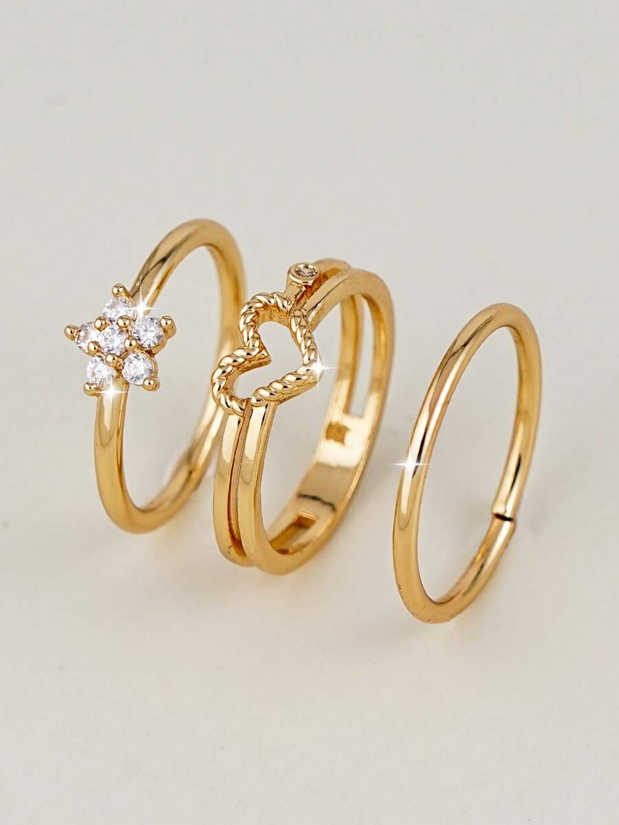 3pcs Elegant Cubic Zirconia Heart & Flower Rings Set, Suitable For Women's Daily, Date, Party Matching - Yellow Gold - View 1