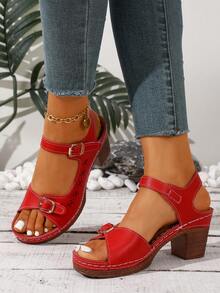 Sandalias de tacón grueso con estampado floral, de moda para el verano. Sandalias de mujer con puntera abierta, tacón alto y una sola tira, de escote bajo. - Rojo - Ver 2