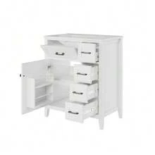 76x46x90cm Freistehender Badezimmerwaschtisch, Lackerte Oberfläche, Vier Geräuschlose Schubladen, Klappschubladen, Schranktürregale, Schwarze Griffe, Integrated Keramikwaschbecken, White. - White - View 8