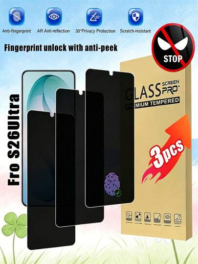 3 piezas Protector de pantalla antirreflejo con desbloqueo por huella digital, protección de privacidad lateral significativa, compatible con Samsung S26 Ultra/S26 Plus/S26/S25 Ultra/S25 Plus/S25/S24 Ultra/S24 Plus/S24/S23 Ultra/S23 Plus/S23/S22/S21/S20/S10 Plus/S10/S9 Plus/S9/S8 Plus/S8/S24FE/S23FE/S21FE/S20FE y talla grande. Vidrio templado de alta dureza, duradero y resistente a los arañazos. Diseño de alta claridad y alta transparencia, conserva el color y los detalles originales de la pantalla para una excelente experiencia de visualización.