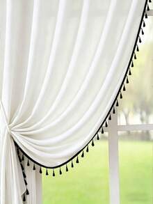 1 pièce Rideau à bordure de franges de texture de lin haut de gamme, pour la décoration des fenêtres du salon et de la chambre à coucher, rideau de couleur unie avec un toucher de lin épais, semi-occultant - Blanc - Voir 6