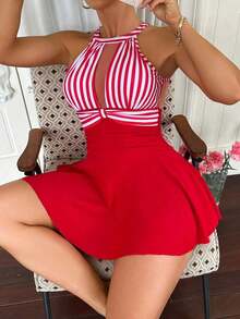 Swim Lushoire Vestido de baño casual de verano con estampado de rayas, volantes en el bajo y escote halter para vacaciones - Rojo y blanco - Ver 4
