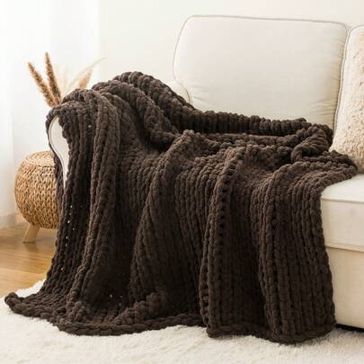 Brown Chunky Knit Throw Blanket For Couch,Handmade Cable Knit Crochet Blanket,Soft Cozy Chenille Throw Blankets For Home Decor,50"X60"