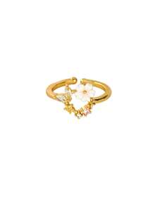 Anillo de flor y hoja con circonita cúbica y resina blanca, anillo ajustable abierto chapado en oro de 18k, joyería de moda para uso diario, boda, fiesta, regalo de vacaciones - 1 - Ver 12