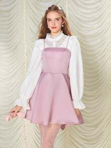 Vestido corto elegante sencillo de color liso con tirantes finos, tejido satinado con lazo grande trasero y falda acampanada, ideal para uso diario de primavera y verano - Rosa - Ver 3