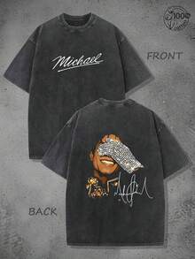 Michaeles Jacksones Vintage Washed T-Shirt,Front And Back Double Print Rock Star Print American Top,Music Legend,Rock Star,Vacation Outfits Men,Street Outings, And Daily Commuting,Vintage Street Style Unisex Loose Cotton Short Sleeve Crew Neck T-Shirt,Summer Clothes Men,Y2K T Shirts Men,Essential For Fans And Fans,Concert,Spring And Summer New Arrivals,Men's 100% Cotton Breathable Casual Shirt,Suitable For Travel, - màu đen - Xem 1