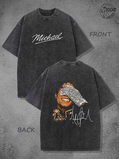 Michaeles Jacksones Vintage Washed T-Shirt,Front And Back Double Print Rock Star Print American Top,Music Legend,Rock Star,Vacation Outfits Men,Street Outings, And Daily Commuting,Vintage Street Style Unisex Loose Cotton Short Sleeve Crew Neck T-Shirt,Summer Clothes Men,Y2K T Shirts Men,Essential For Fans And Fans,Concert,Spring And Summer New Arrivals,Men's 100% Cotton Breathable Casual Shirt,Suitable For Travel,